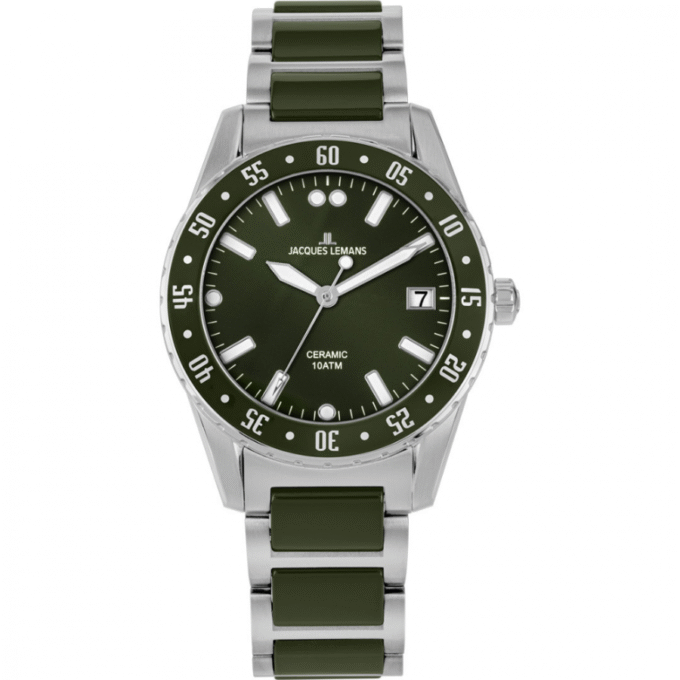 Montre Homme Jacques Lemans 42-10C - Bracelet Gris-Vert en Acier Inoxydable - Résistance à l'eau 100 Mètres