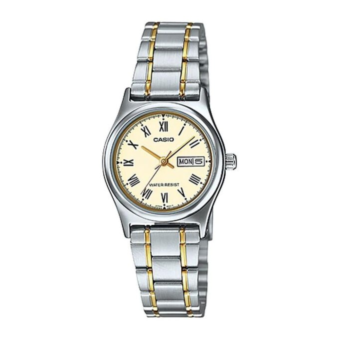 Montre CASIO Femme - Bracelet Gris/DoRée En Acier Inoxydable - Cadran Jaune - 12 Mois De Garantie - LTP-V006SG-9BUDF