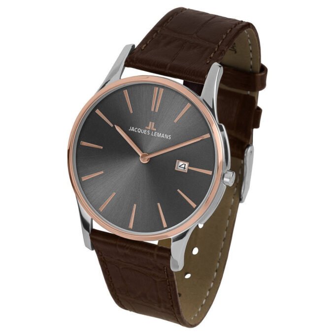 Montre Jacques Lemans Femme - Bracelet En Cuir Véritable Marron - Cadran Gris - Etanche - Garantie 12 mois - 1-1937E