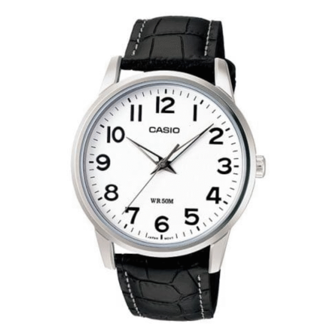Montre Homme Casio MTP-1303L-7BVDF - Classique, Bracelet cuir, Étanche 50m, Verre minéral, Précision ±20s/mois - Noir/Argent