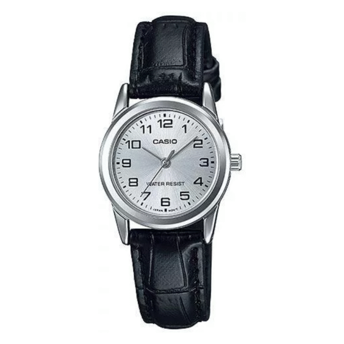 Montre CASIO Femme - LTP-V001L-7BUDF - Bracelet Noir En Cuir Véritable - Cadran Blanc - 12 Mois De Garantie