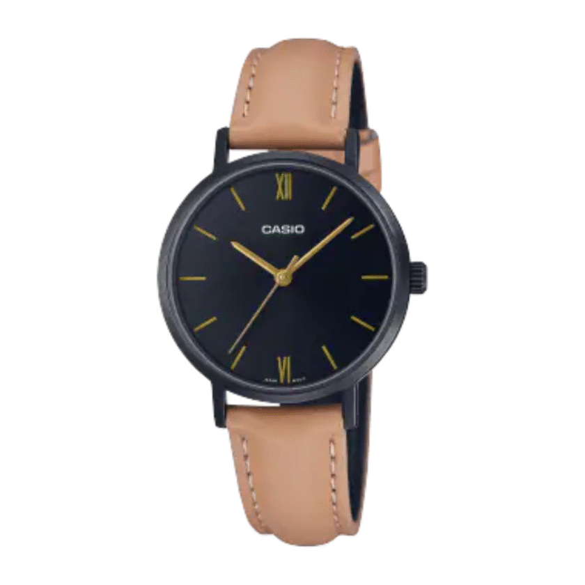 Montre Femme Casio Collection Analogique LTP-VT02BL-1A - Bracelet Brun en Cuir - Résistant à l'eau