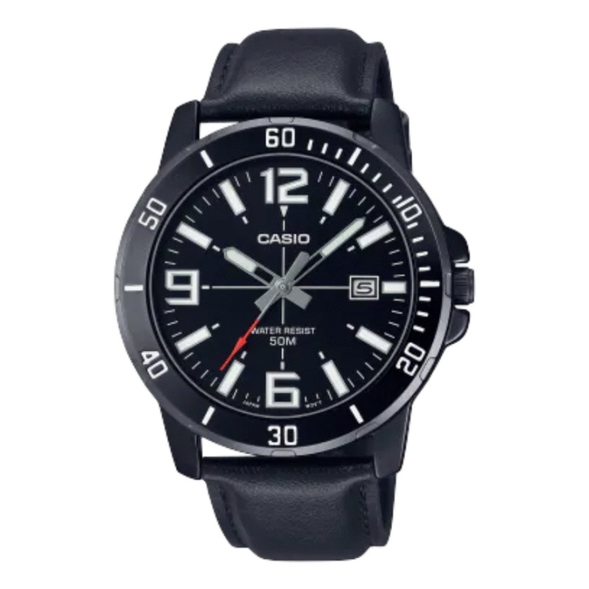 Montre Homme Casio collection Analogique MTP-VD01BL-1BVUDF - Bracelet Noir En Cuir - Résistance à l'eau 5 ATM