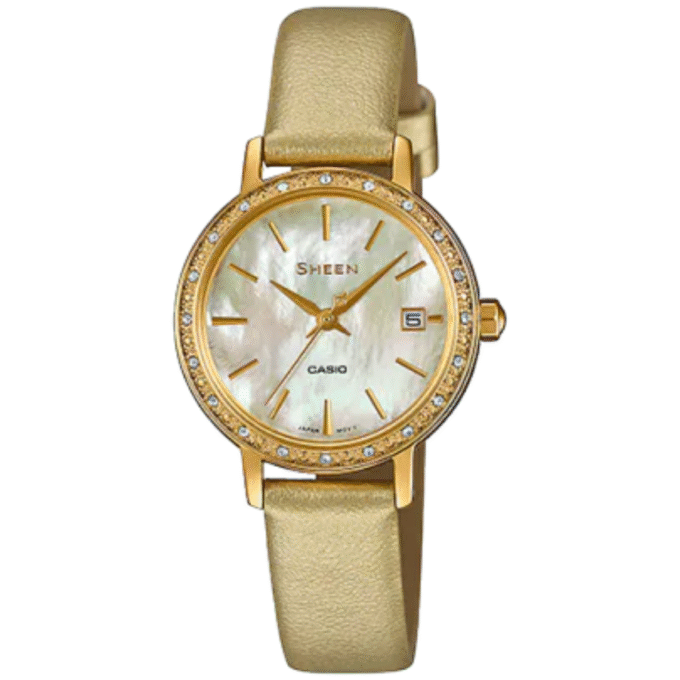 Montre Femme Casio Sheen - SHE-4060GL-9AUDF - Bracelet Dorée En Cuir Véritable - Résistance à l'eau 50 M