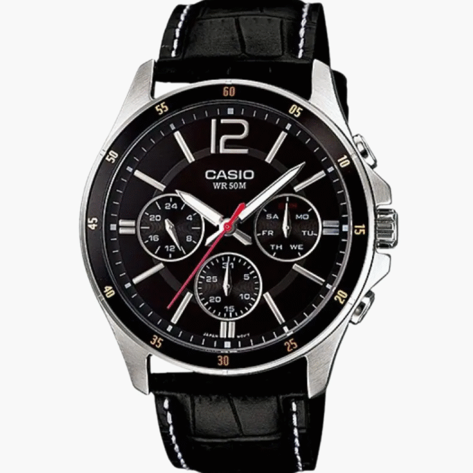 Montre Homme Casio - MTP-1374L-1AVDF - Bracelet en cuir noir - Chronographe - Verre minéral