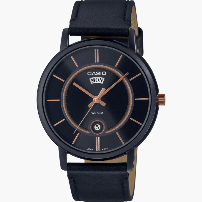 Montre Homme - Casio - Classique, Cadran Noir, Date, Résistante à l’Eau 50m - Acier Inoxydable - Bracelet Cuir Noir - MTP-B120BL-1AVDF
