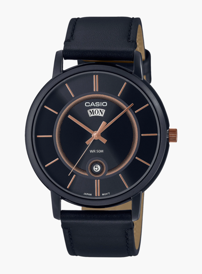 Montre Homme - Casio - Classique, Cadran Noir, Date, Résistante à l’Eau 50m - Acier Inoxydable - Bracelet Cuir Noir - MTP-B120BL-1AVDF