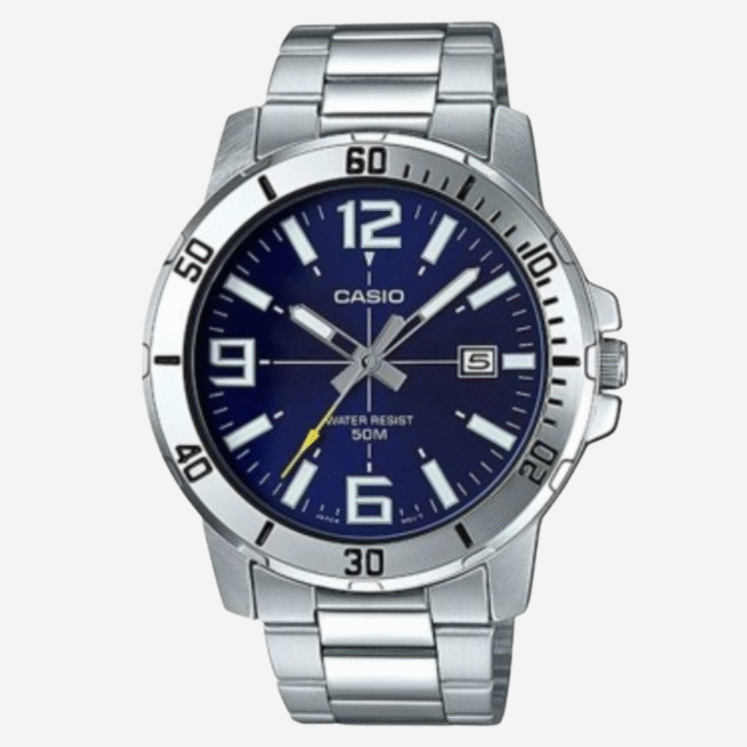 MONTRE CASIO HOMME – MTP-VD01D-2BVUDF - BRACELET GRIS EN ACIER INOXYDABLE – RÉSISTANTE À L’EAU – 12 MOIS DE GARANTIE