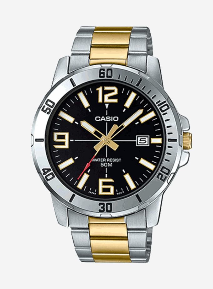 MONTRE CASIO HOMME – MTP-VD01SG-1BVUDF - BRACELET GRIS/DORÉE EN ACIER INOXYDABLE – RÉSISTANTE À L’EAU – 12 MOIS DE GARANTIE