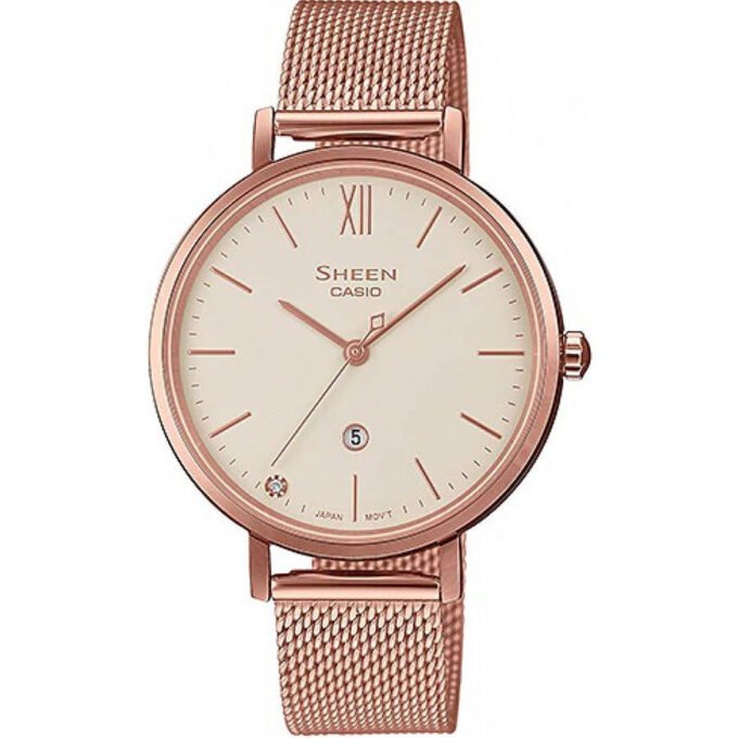Montre Femme Casio Sheen - She-4548Pg-4Audf - Bracelet Doré Rose En Acier Inoxydable - Verre En Saphir - Résistance À L'Eau 5 Atm
