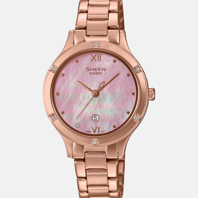 Montre Femme Casio Sheen - SHE-4546PG-4AUDF - Bracelet Dorée Rose En Acier Inoxydable - Résistance À L'Eau 50 M - Verre Saphir