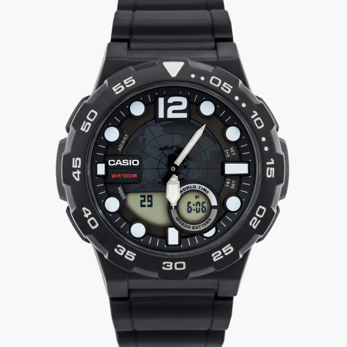 Montre Casio Homme - Bracelet Noir En Resine - Boitier En Resine - Résistante À L'Eau - 12 Mois De Garantie - Aeq-100W-1Avdf