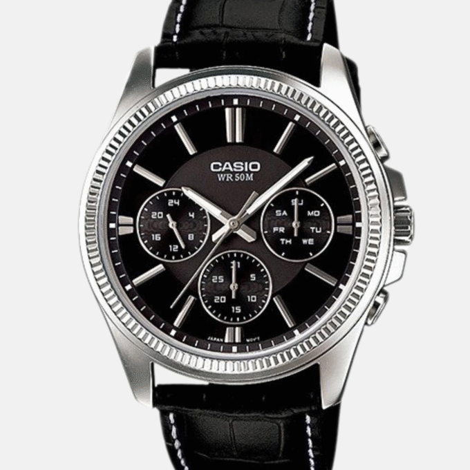 Montre Casio Homme -  MTP-1375L-1AVDF - Bracelet Noir En Cuir Véritable - Résistante À L'Eau - 12 Mois De Garantie