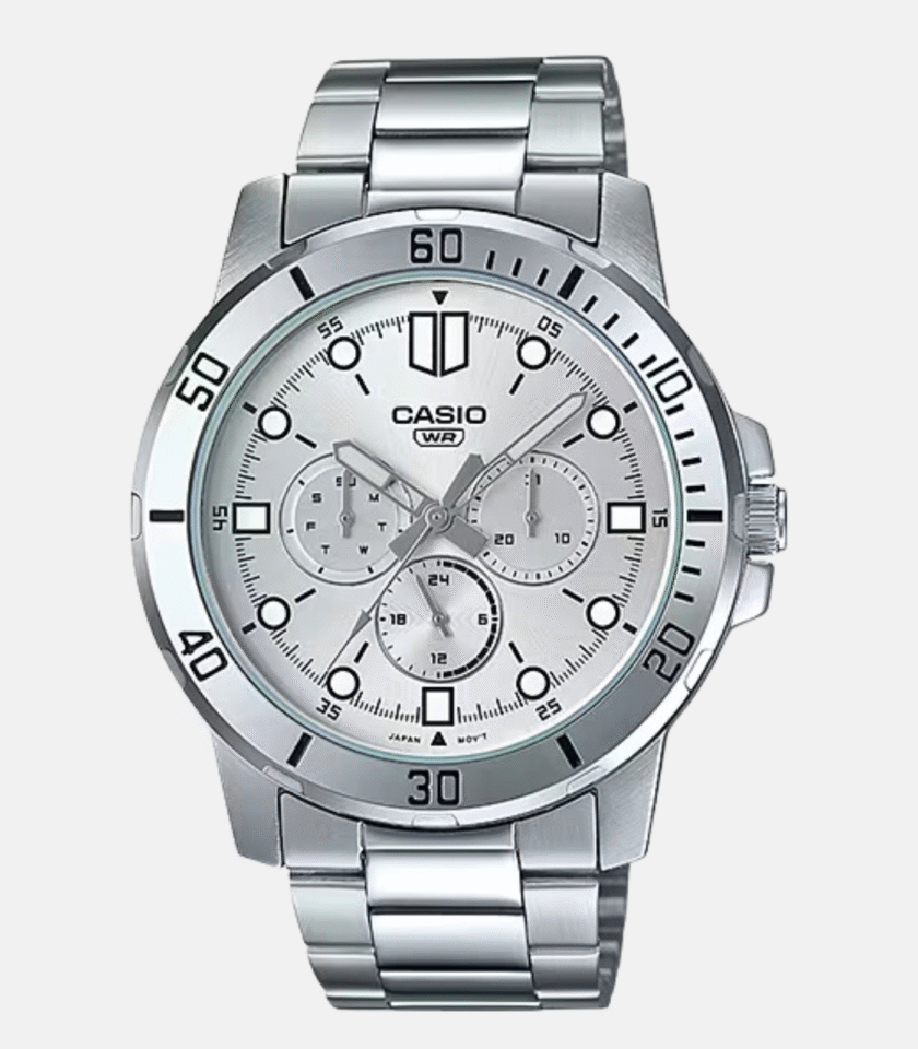 Montre Casio Homme - MTP-VD300D-7EUDF - Bracelet Gris En Acier Inoxydable - Cadran Blanc - 12 Mois De Garantie