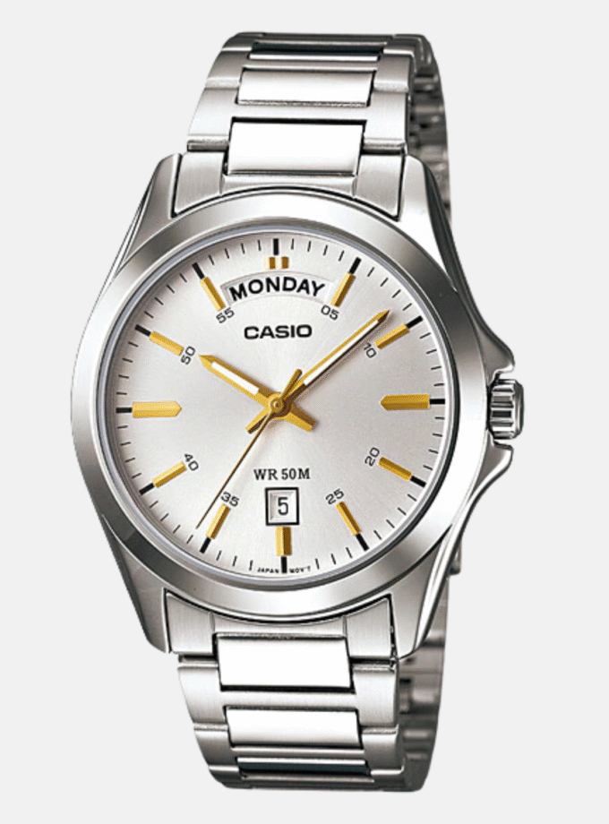 Montre Casio Homme - MTP-1370D-7A2VDF - Bracelet Gris En Acier Inoxydable - Affichage analogique - Cadran Blanc - 12 Mois De Garantie