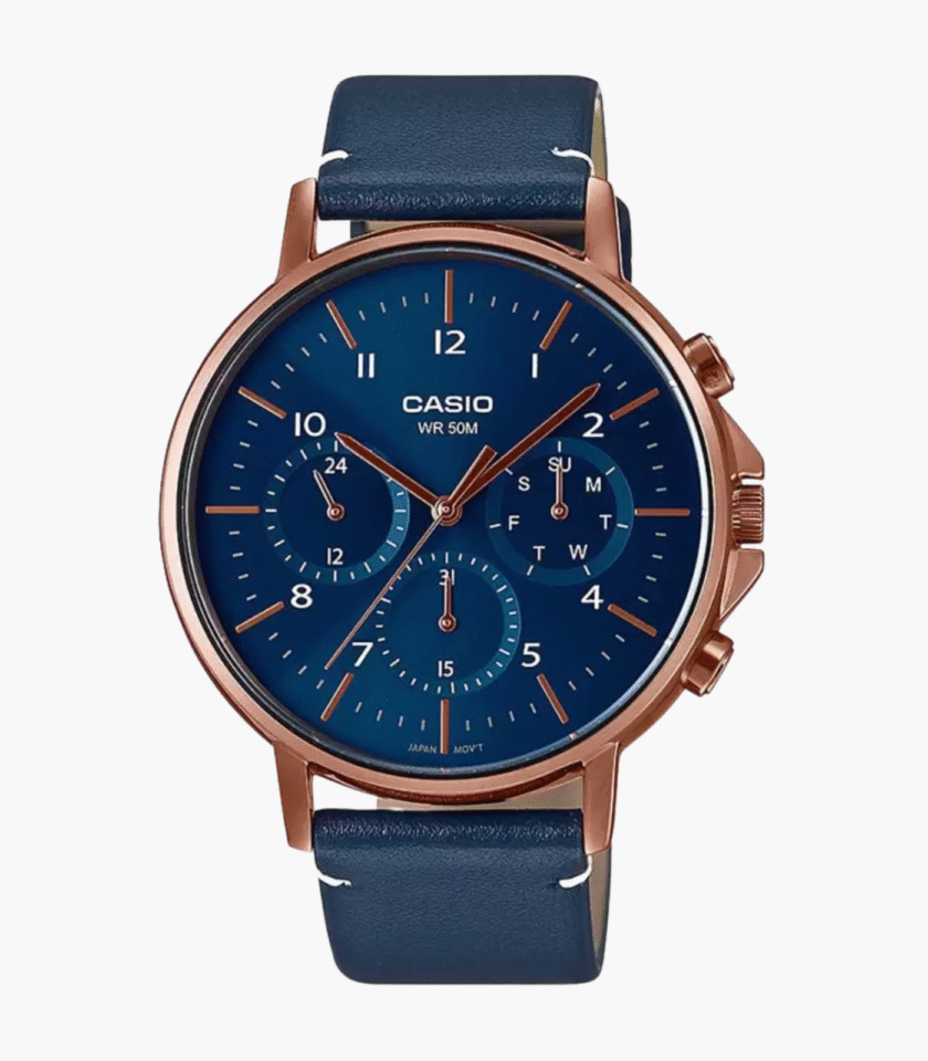 Montre Casio Homme - Bracelet Bleu En Cuir Véritable - Résistante À L'Eau - 12 Mois De Garantie - Mtp-E321Rl-2Avdf