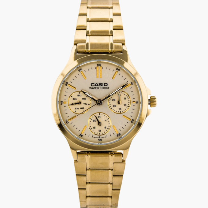 Montre Casio Femme - Bracelet Dorée En Acier Inoxydable -Résistante À L'Eau - 12 Mois De Garantie - Ltp-V300G-9Audf