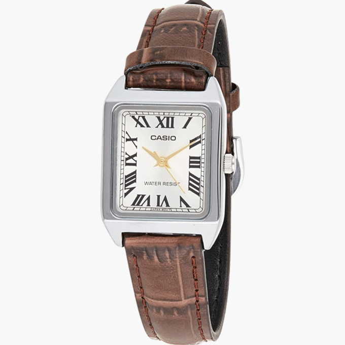 Montre Casio Femme - Bracelet Marron En Cuir Véritable - Cadran Jaune - 12 Mois De Garantie - Ltp-V007L-9Budf