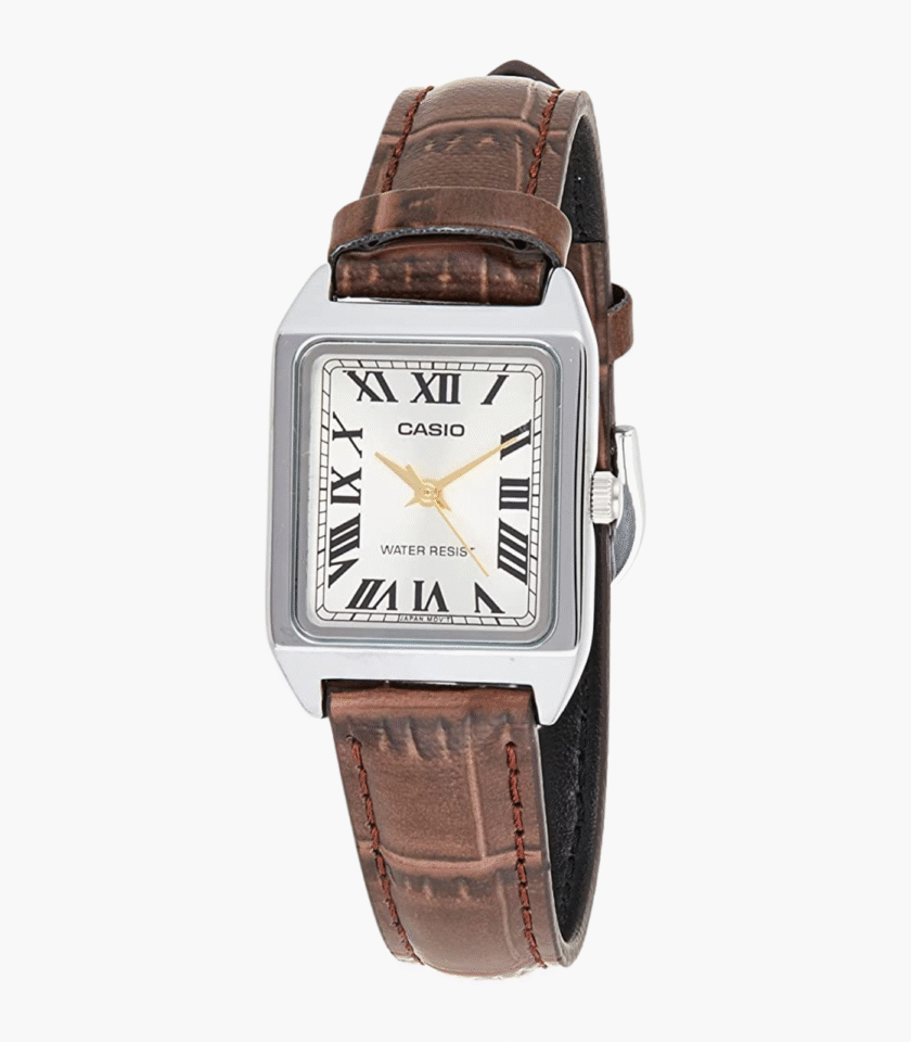 Montre Casio Femme - Bracelet Marron En Cuir Véritable - Cadran Jaune - 12 Mois De Garantie - Ltp-V007L-9Budf