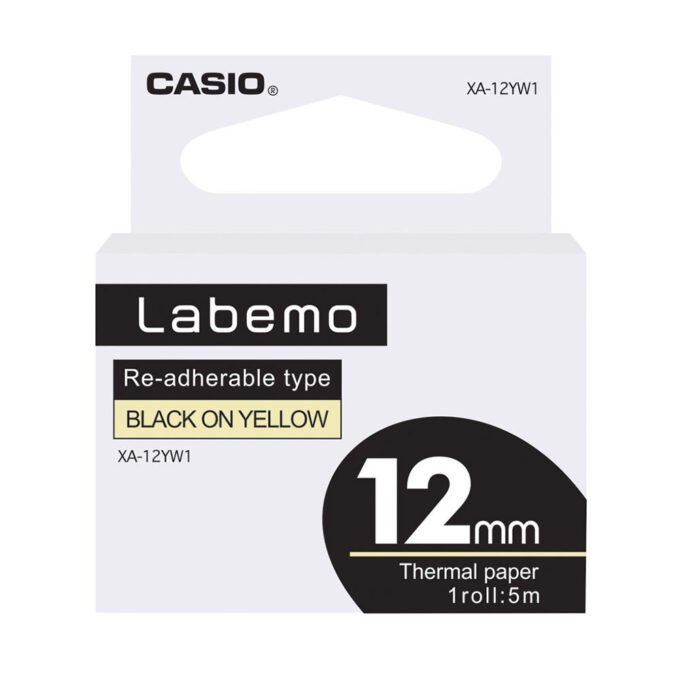 Ruban détiquetage Casio XR-18YW1 - 18mm x 8m - Noir sur Jaune - Compatible avec étiqueteuses Casio - Adhésif durable - Idéal pour bureau et entrepôt - Ref: XA-18YW