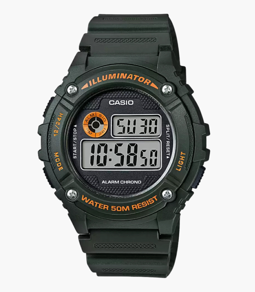 Montre Homme Casio - W-216H-3BVDF - Bracelet en Résine Noir - Cadran vert - Résistant à l'eau