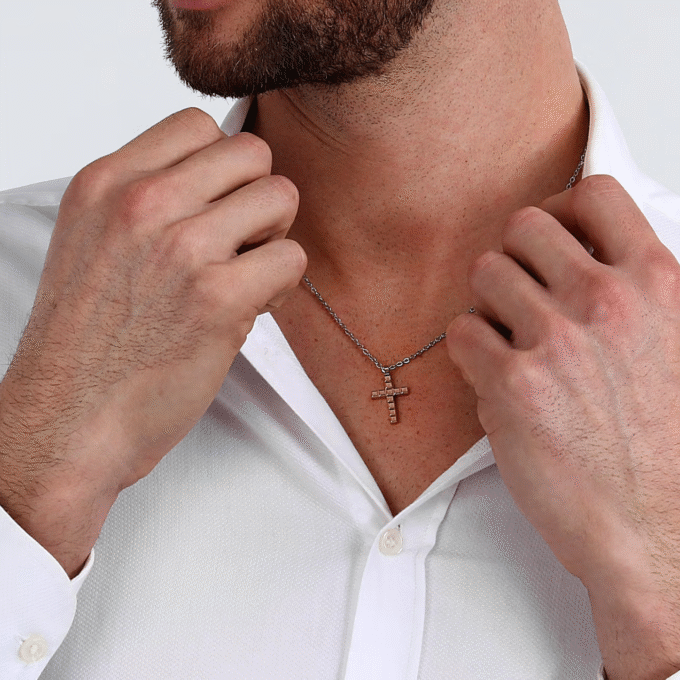 Collier homme Morellato Motown – Croix pendentif acier inoxydable – Argent et or rose – Certificat authenticité – Réf SALS76