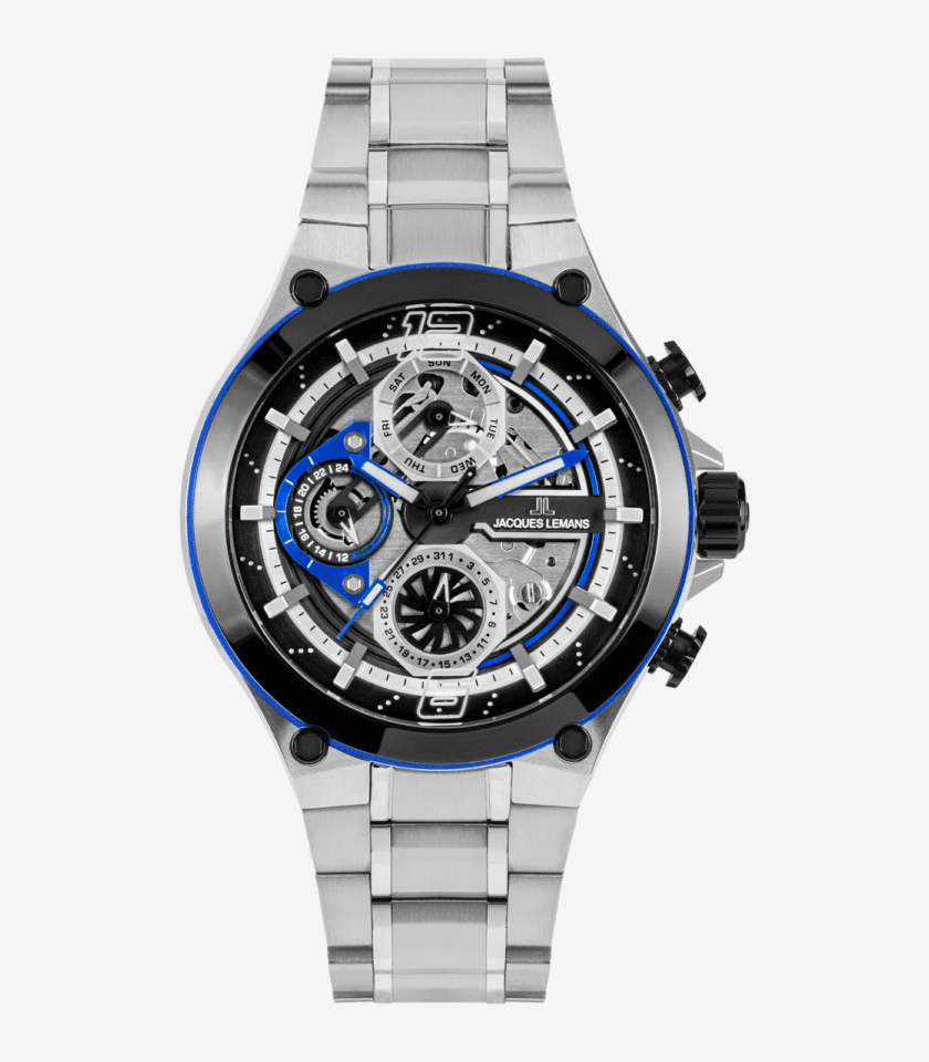 Montre Jacques Lemans 1-2150D - Montre Multifonctionnelle Sportive pour Hommes avec Cadran Noir et Bracelet en Acier Inoxydable