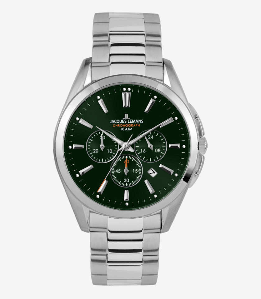 Montre chronographe homme Jacques Lemans Derby 1-1945.1F – Quartz, acier inoxydable, cadran vert, bracelet argent, étanche 10 bar, verre minéral, date – Garantie 2 ans – Image 3