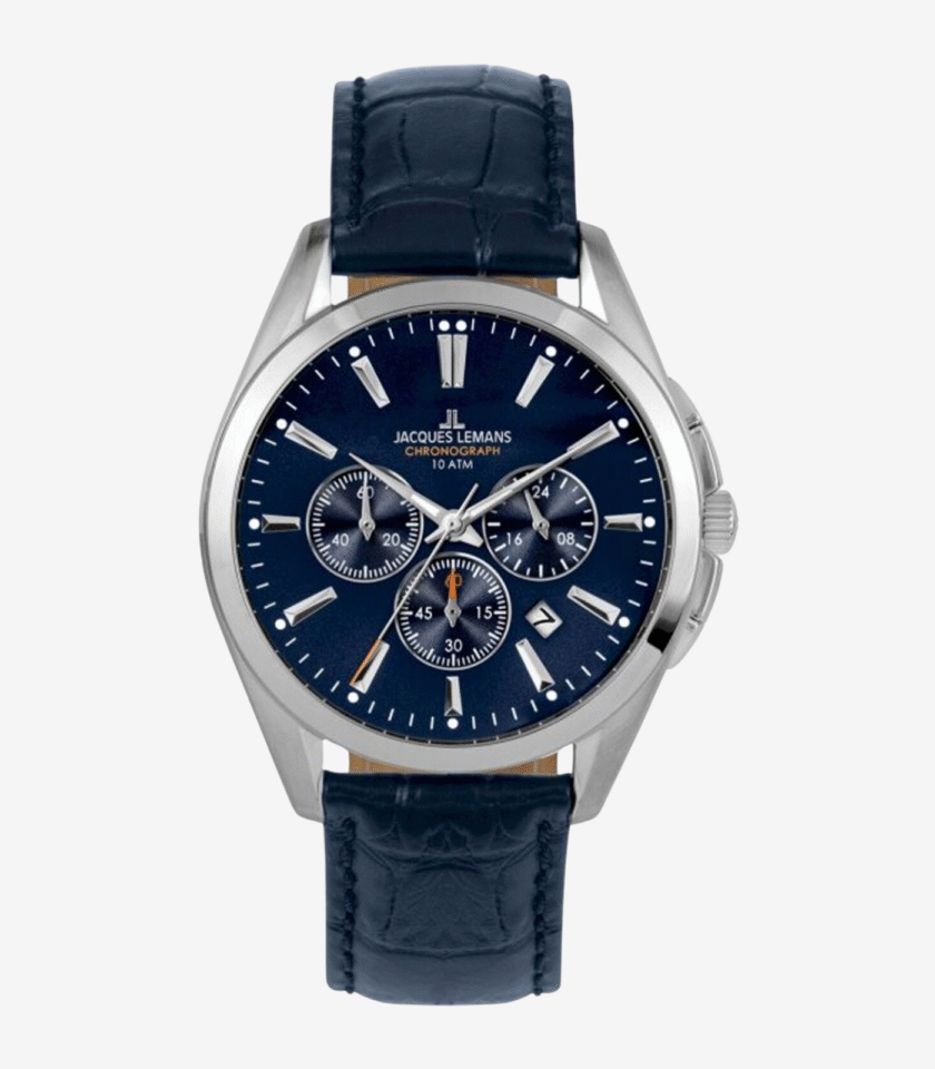 Montre Jacques Lemans - Chronographe Analogique pour Hommes en Acier Inoxydable avec Bracelet en Cuir Bleu et Résistance à l'Eau de 10 ATM - Verre Saphir