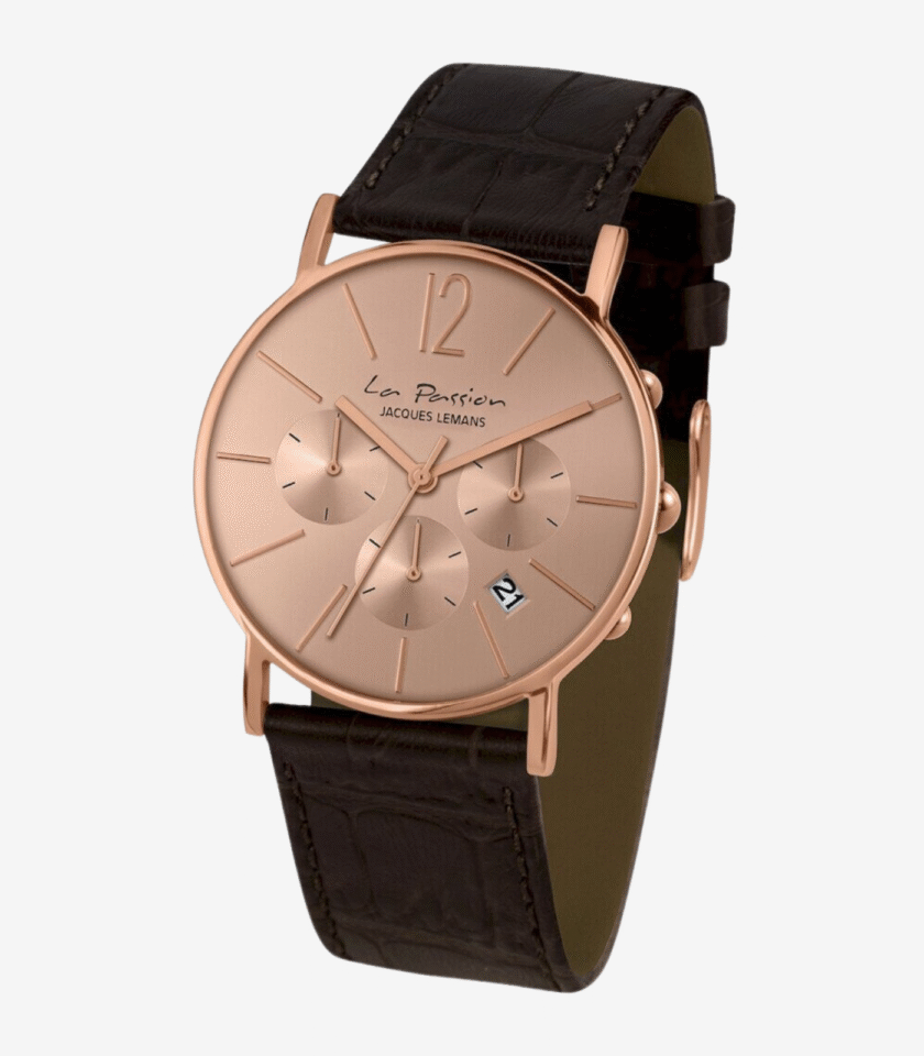 Montre Jacques Lemans LP-123N - Chronographe Élégant Unisexe en Acier Inoxydable Or Rose avec Bracelet en Cuir Marron