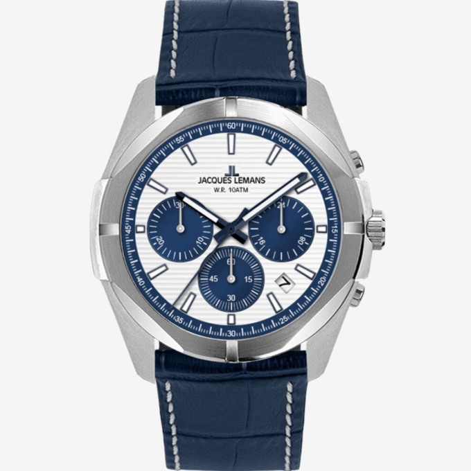 Jacques Lemans Melbourne 1-2180C - Montre Quartz avec Chronographe et Bracelet en Cuir Bleu - 10 ATM - Verre Saphir