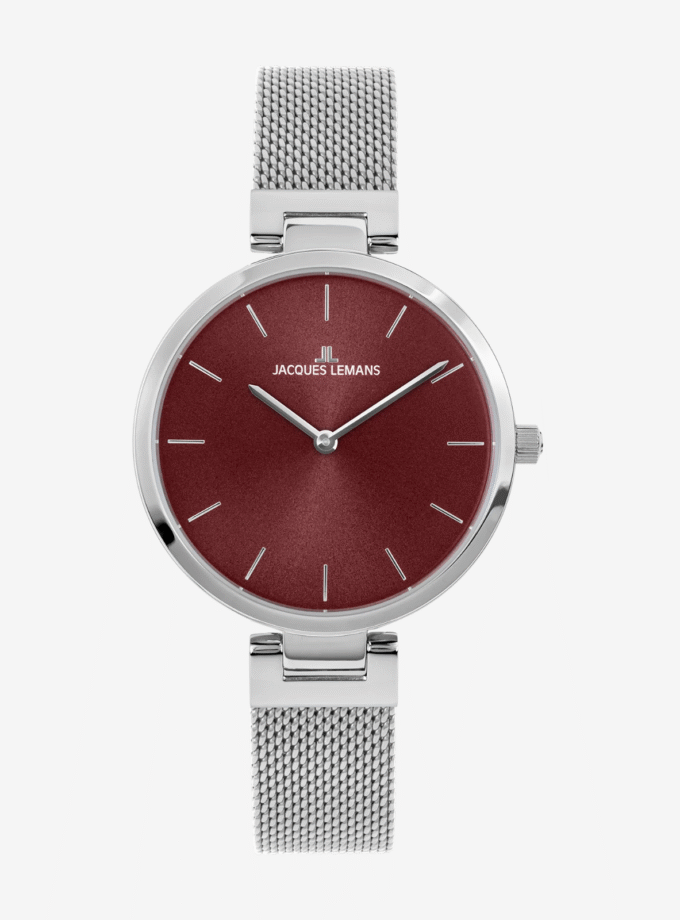 Montre femme habillée Jacques Lemans Milan - Quartz, acier brossé/poli, cadran rouge, Ø34mm, étanche 5ATM - 1-2110E