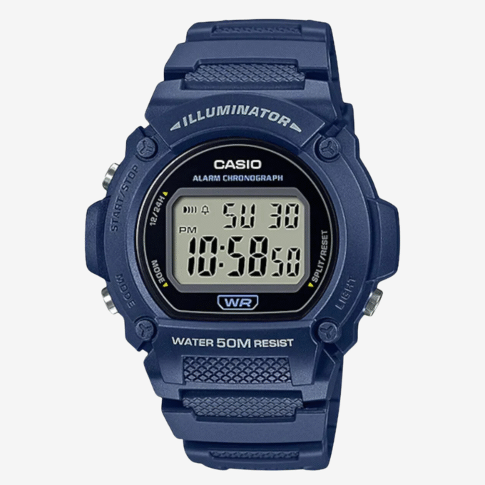 Montre Homme Casio - Style sportif, étanche, alarme, éclairage LED - Résine - Bleu - W-219H-2AVEF