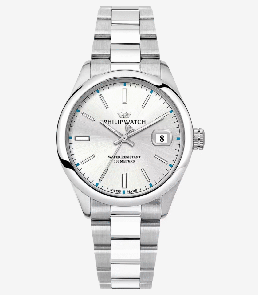 Montre Homme Philip Watch Caribe Urban – R8253597096 – Mouvement ETA F06.115 – Boîtier Acier 39 mm – Cadran Blanc avec Affichage de la Date – Bracelet Métal Argent – Verre Saphir Anti-reflet – Boucle Plongeur avec Sécurité – Résistante à l'Eau 10 ATM – Garantie Internationale Philip Watch. - Verre Saphir
