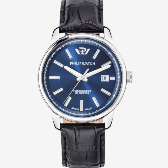 Montre Homme Philip Watch Kent – R8251178013 – Boîtier Inoxydable 47x40 mm Argent et Noir – Bracelet Cuir Noir – Verre Minéral – Boucle de Boucle – Résistante à l'Eau 10 ATM – Fabriquée en Suisse – Garantie 2 Ans – Emballage Original Philip Watch.