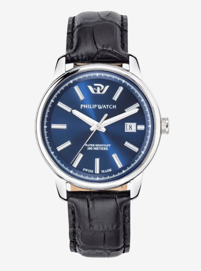Montre Homme Philip Watch Kent – R8251178013 – Boîtier Inoxydable 47x40 mm Argent et Noir – Bracelet Cuir Noir – Verre Minéral – Boucle de Boucle – Résistante à l'Eau 10 ATM – Fabriquée en Suisse – Garantie 2 Ans – Emballage Original Philip Watch.