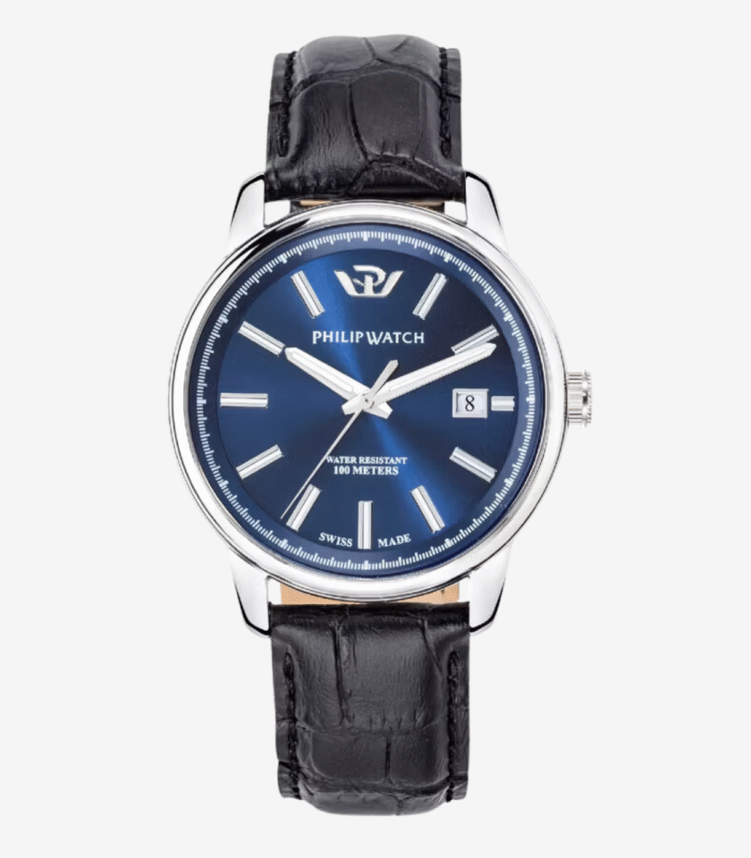Montre Homme Philip Watch Kent – R8251178013 – Boîtier Inoxydable 47x40 mm Argent et Noir – Bracelet Cuir Noir – Verre Minéral – Boucle de Boucle – Résistante à l'Eau 10 ATM – Fabriquée en Suisse – Garantie 2 Ans – Emballage Original Philip Watch.
