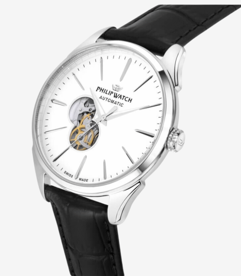 Montre Homme Philip Watch Roma R8221217006 - Automatique, Acier 41 mm, Verre Saphir, Cuir Noir, Étanche 5 ATM. - Verre Saphir