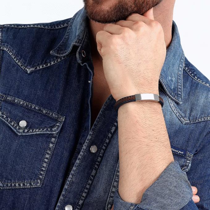 Bracelet Homme Sector Bandy SZV109 - Inoxydable et Cuir Recyclé - 21 cm - Couleurs Argent, Marron, Bleu