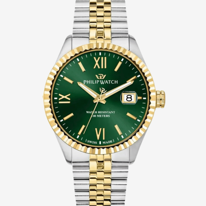 Montre Homme Philip Watch Caribe – R8253597111 – Boîtier Acier 41 mm – Cadran Vert avec Index et Aiguilles Dorés – Mouvement Quartz – Bracelet Acier Bicolore Doré et Argent – Boucle Diver C avec Verrou de Sécurité – Résistante à l'Eau 100 M – Garantie Officielle