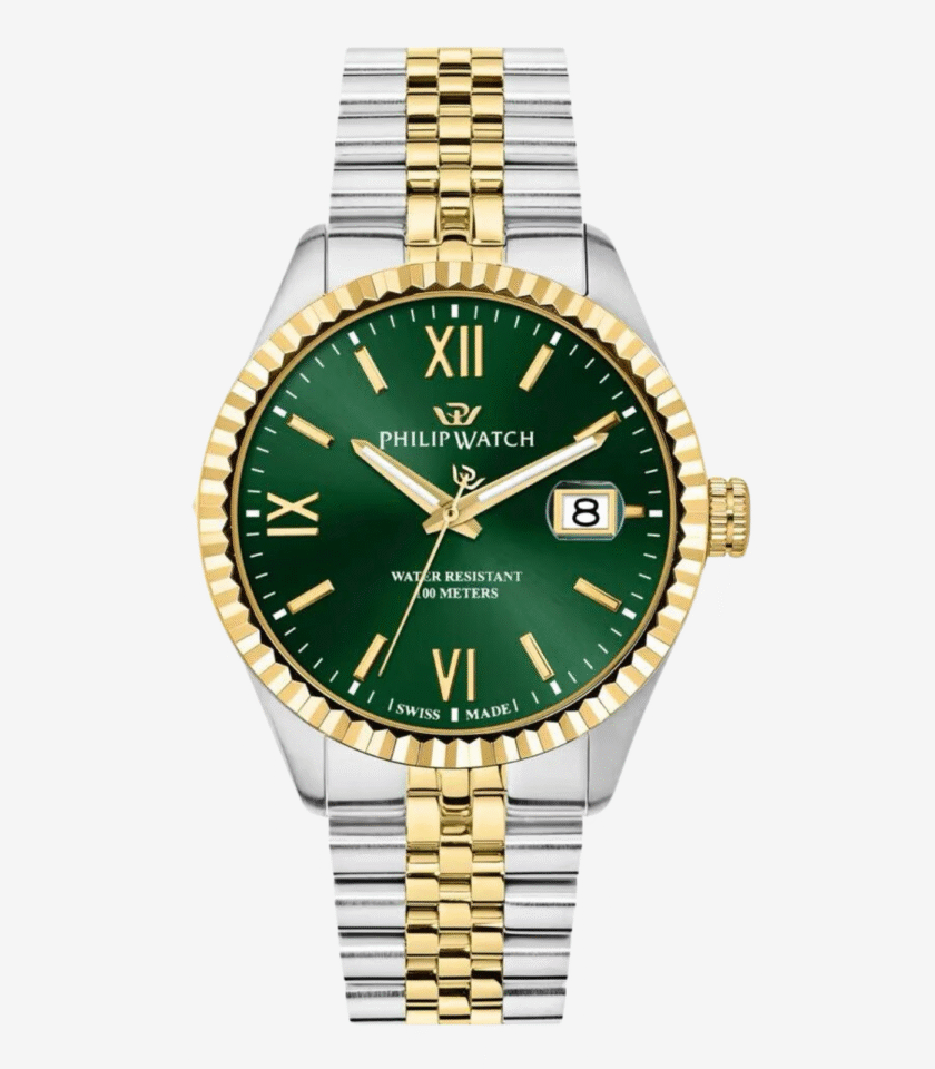Montre Homme Philip Watch Caribe – R8253597111 – Boîtier Acier 41 mm – Cadran Vert avec Index et Aiguilles Dorés – Mouvement Quartz – Bracelet Acier Bicolore Doré et Argent – Boucle Diver C avec Verrou de Sécurité – Résistante à l'Eau 100 M – Garantie Officielle