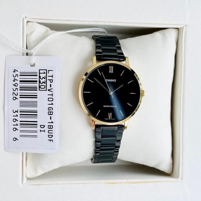 Montre Analogique CASIO LTP-VT01GB-1BUDF - Femme - Boîtier 40mm, Résistante à leau, Autonomie 3 ans - Bracelet Acier Inoxydable - Plaqué Or et Noir - Fermoir Triple