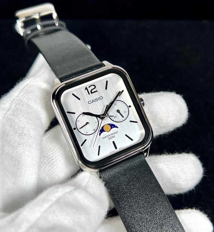 montre homme casio classique phase de lune, quartz, Étanche 50m, cadran blanc, bracelet cuir noir référence mtp m305l 7avdf