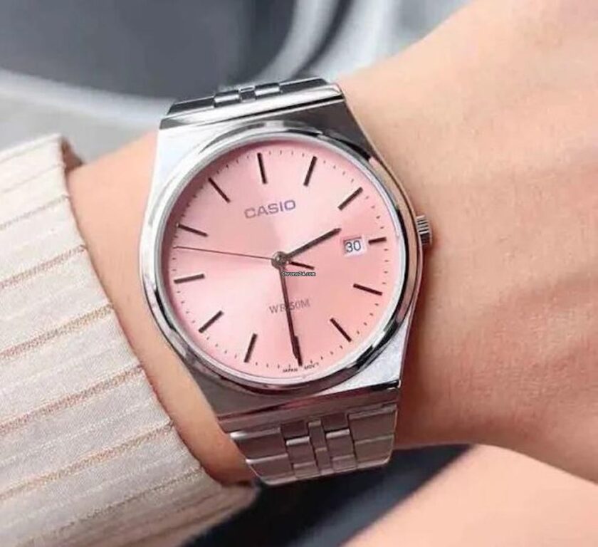 montre classique homme casio mtp b145d 4avdf acier inoxydable, bracelet métal, Étanche, cadran rose référence mtp b145d 4avdf