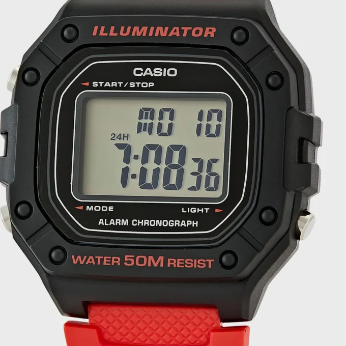 Montre CASIO Homme - W-218H-4BVDF - Bracelet Rouge En Résine - Boitier En Résine - Résistante à l'eau - 12 Mois De Garantie
