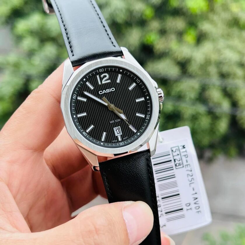montre classique homme design moderne et élégant, cadran à motif rayé, étanche 50m, bracelet cuir véritable acier inoxydable mtp e725l 1avdf