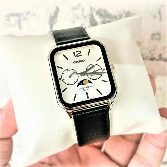 Montre Homme - Casio - Classique - Phase de Lune, Quartz, Étanche 50M, Cadran Blanc, Bracelet Cuir Noir - Référence MTP-M305L-7AVDF