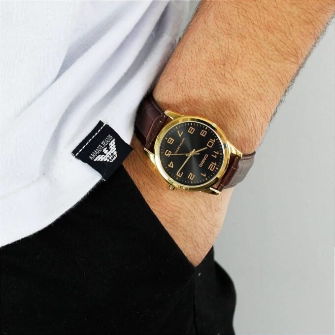 Montre Homme Casio – Classique, Bracelet Cuir, Garantie 3 ans, Étanche, Dorée – Référence MTP-V001GL-1BUDF