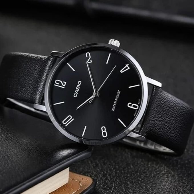 Montre CASIO Homme - MTP-VT01L-1B2UDF - Bracelet Noir En Cuir Véritable - Résistante à l'eau - 12 Mois De Garantie