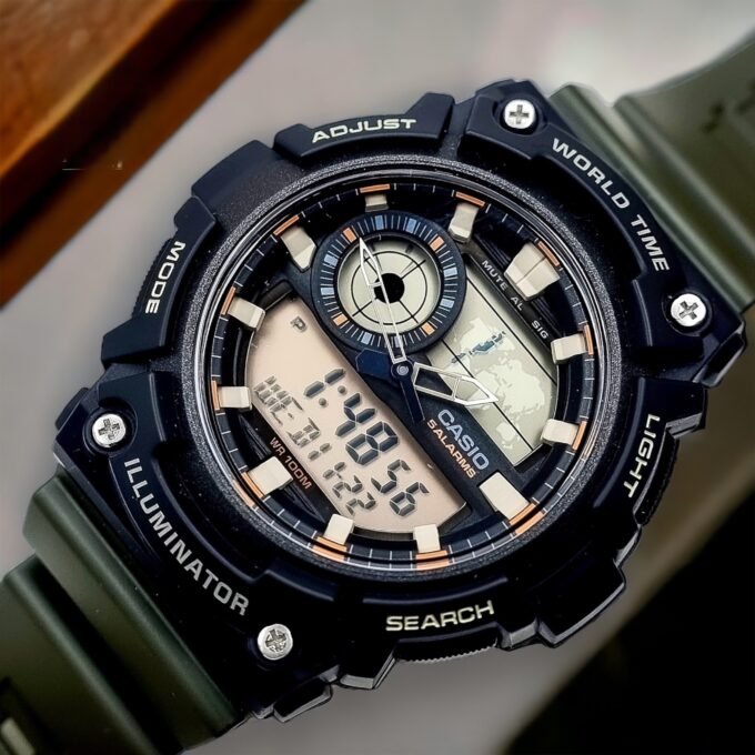 Montre CASIO Jeunesse - AEQ-200W-3AVDF - Bracelet Vert En Resine - Résistante à l'eau - 12 Mois De Garantie